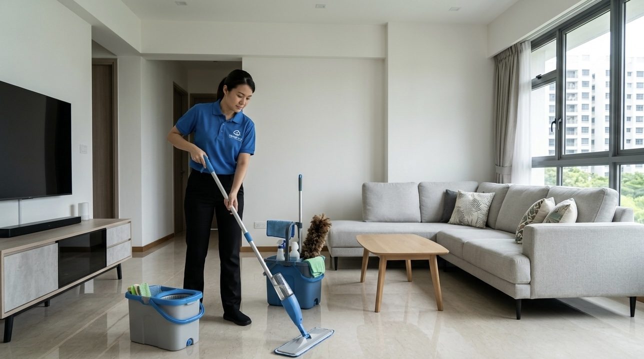 Cleaner mopping a bright modern living room